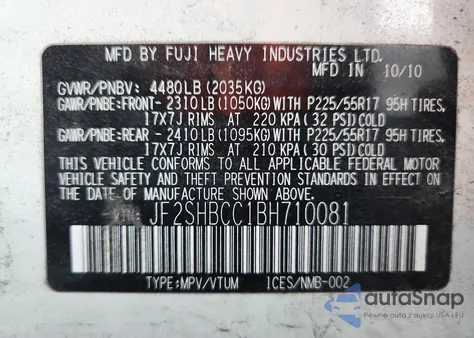 2011 Subaru Forester 2.5X Premium z USA, uszkodzony, nr VIN JF2SHBCC1BH710081